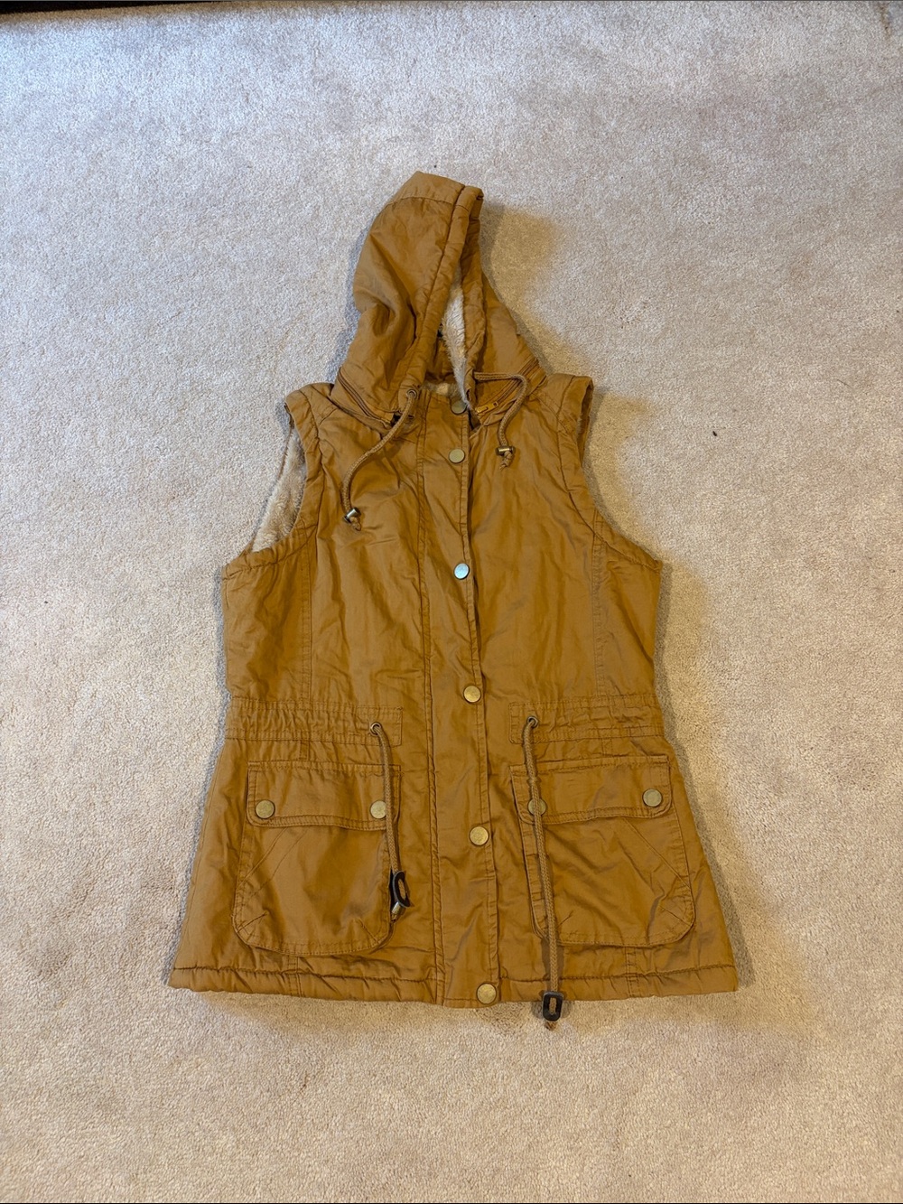 YMI hooded lined utility vest in camel